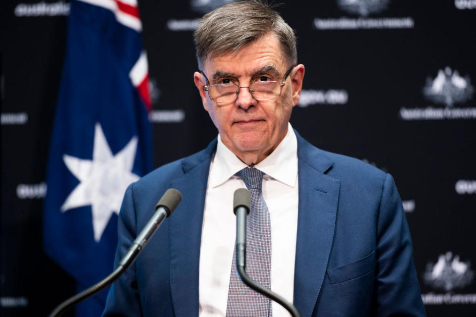 Pictured is Chief Medical Officer Brendan Murphy speaking during a press conference at Parliament House in Canberra. 