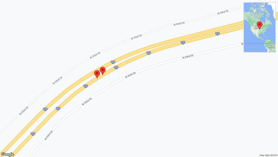 A detailed map that shows the affected road due to 'A crash has been reported on northbound I-435' on January 1st at 12:46 p.m.