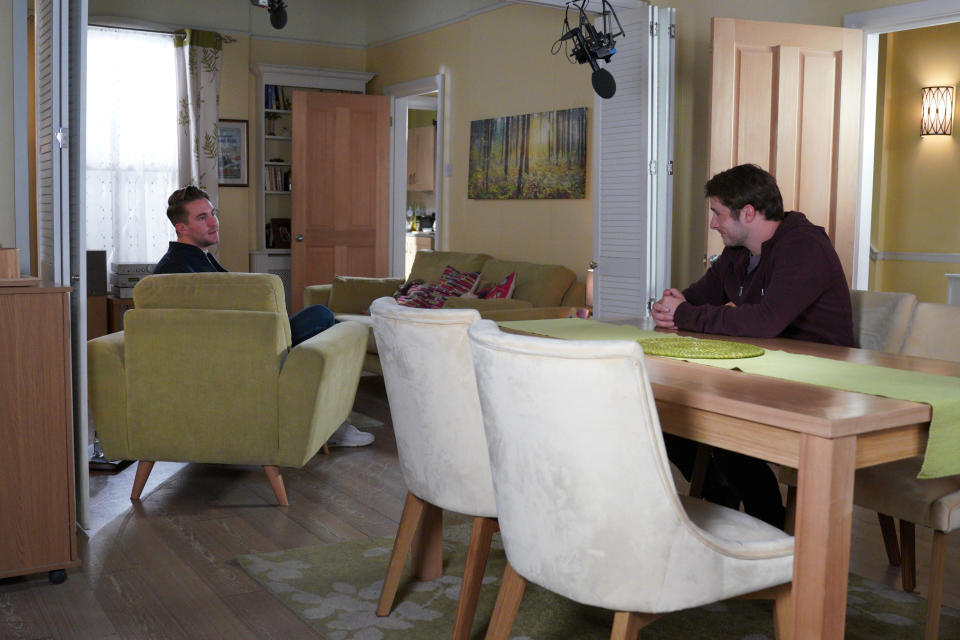 Tony Clay (Callum Highway) and Max Bowden (Ben Mitchell) keep their distance on set (Kieron McCarron/BBC/PA)