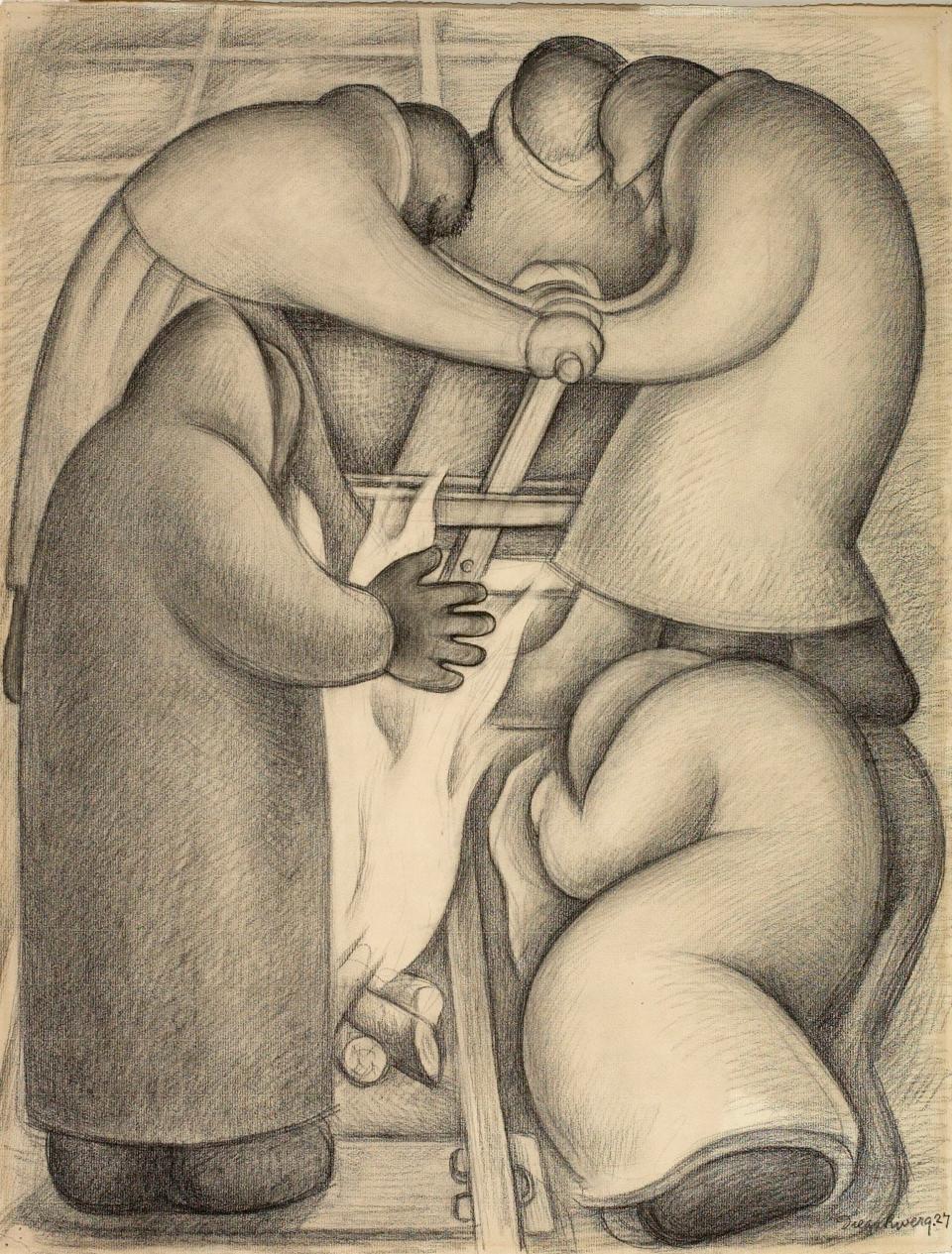 Artist is Diego Rivera (Mexican, 1886-1957) Enrielando, Moscú (Sawing Rails, Moscow), 1927. Conté crayon on paper, 25-by-19 inches at Artis—Naples, The Baker Museum. Gift of Harry Pollak, 2022.