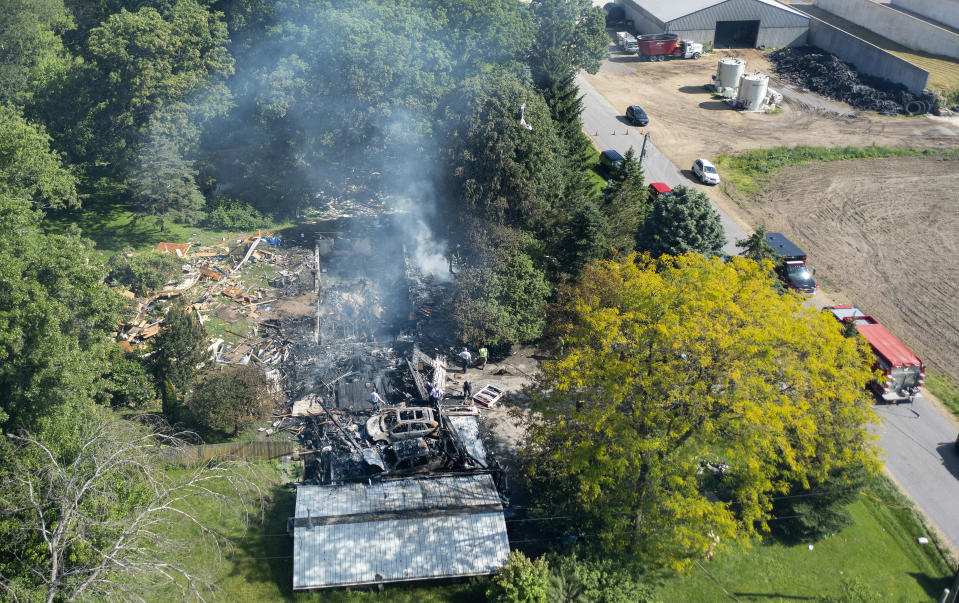 Aerial view of the scene of a house explosion in the town of Springfield in Dane County, just outside the city of Middleton, Wis., Wednesday, May 29, 2024. The cause of the explosion remains under investigation. (Phil Brinkman/Wisconsin State Journal via AP)