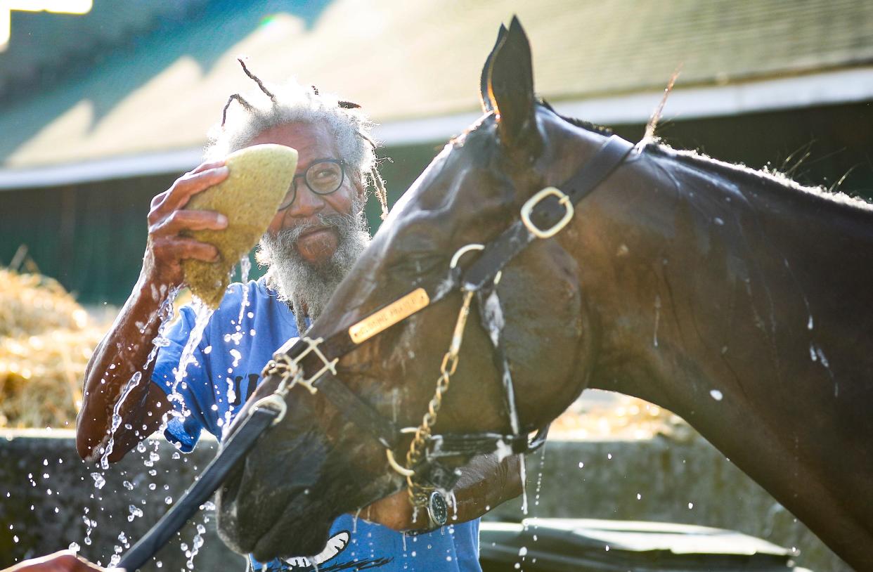 Harold Joseph washes Closing Prayer outside the barn of trainer James Baker on the Churchill Downs' backside in Louisville. The 70-year-old has been around horses his whole life. His favorite horse is Native Dancer, who won the Kentucky Derby in 1953, the Detroit native's birth year. April 29, 2024