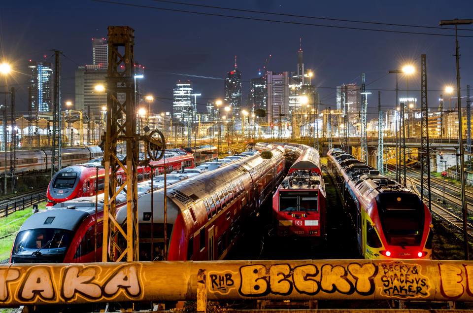 Trains are parked outside the main train station in Frankfurt, Germany, Monday, March 27, 2023, during a nationwide public transport strike. (AP Photo/Michael Probst)