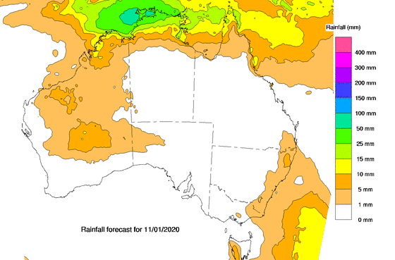 Bureau of Meteorology map showing rain expected to fall on QLD, NSW and VIC.