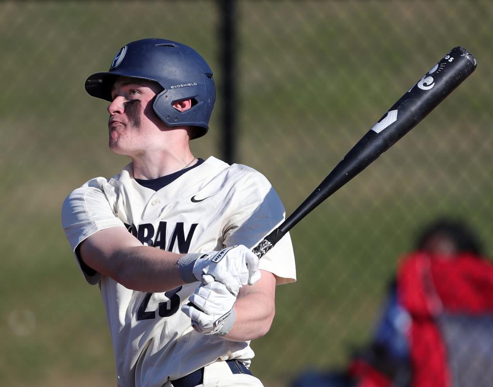 Hoban's Michael Ciavolella watches his shot to center field against Ellet on April 12, 2023, in Akron.