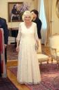 <p>At a dinner with the President of Greece in Athens, Camilla donned this butter yellow dress with a floral overlay and sheer sleeves. </p>