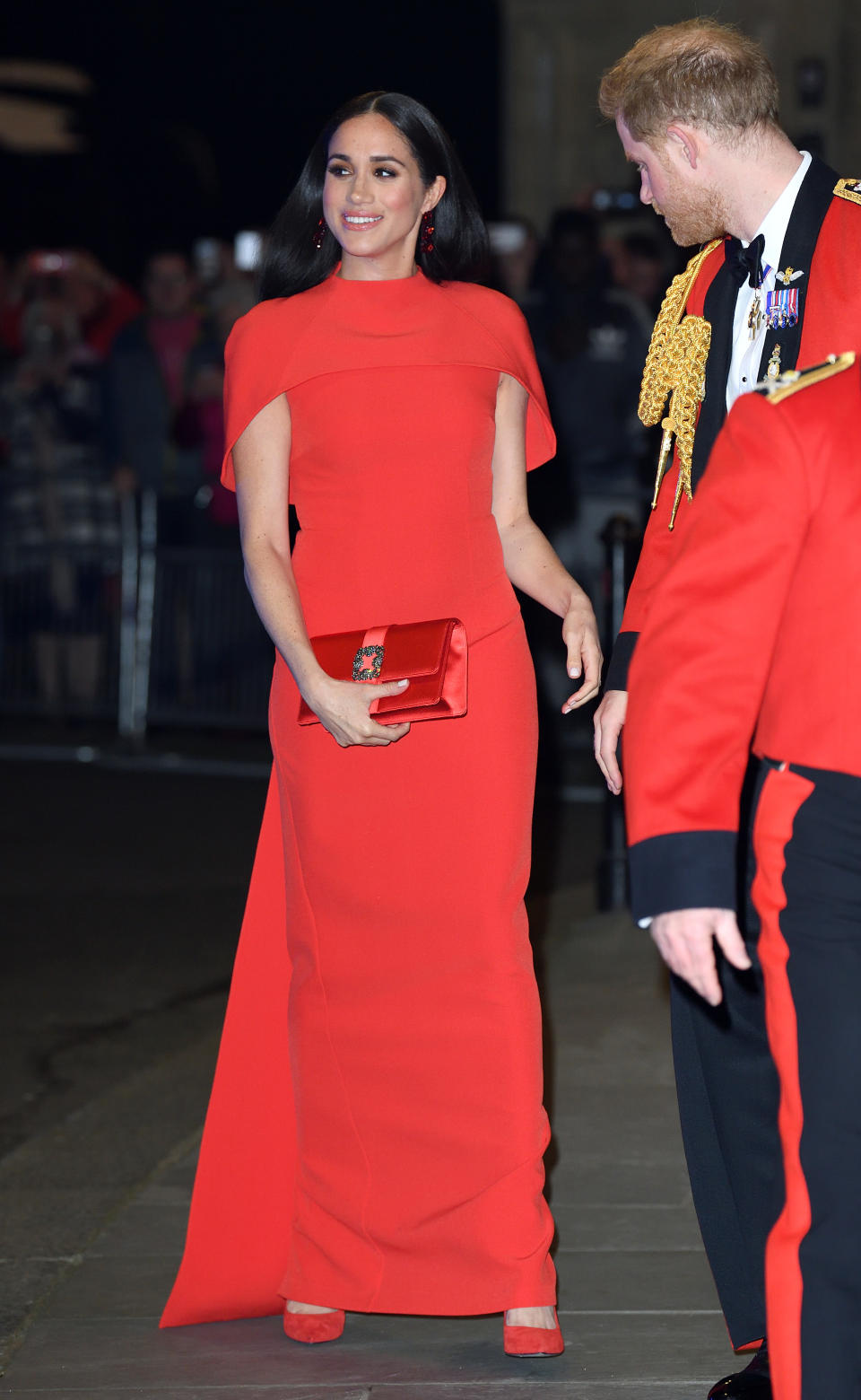 LONDON, ENGLAND - MARCH 07:  Meghan, Duchess of Sussex accompanied by Prince Harry, Duke of Sussex attends the Mountbatten Festival of Music at Royal Albert Hall on March 07, 2020 in London, England. (Photo by Karwai Tang/WireImage)