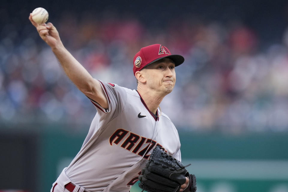 Arizona Diamondbacks starting pitcher Zach Davies throws during the first inning of a baseball game against the Washington Nationals at Nationals Park, Wednesday, June 7, 2023, in Washington. (AP Photo/Alex Brandon)