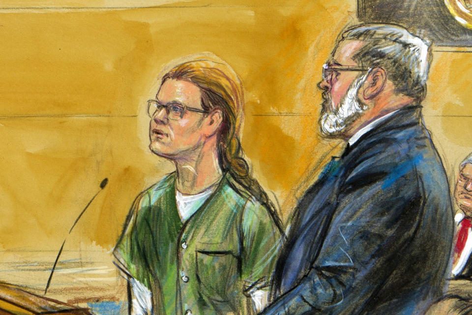 Maria Butina and her attorney, Robert Driscoll, in court on Thursday. (Sketch: Dana Verkouteren via AP)