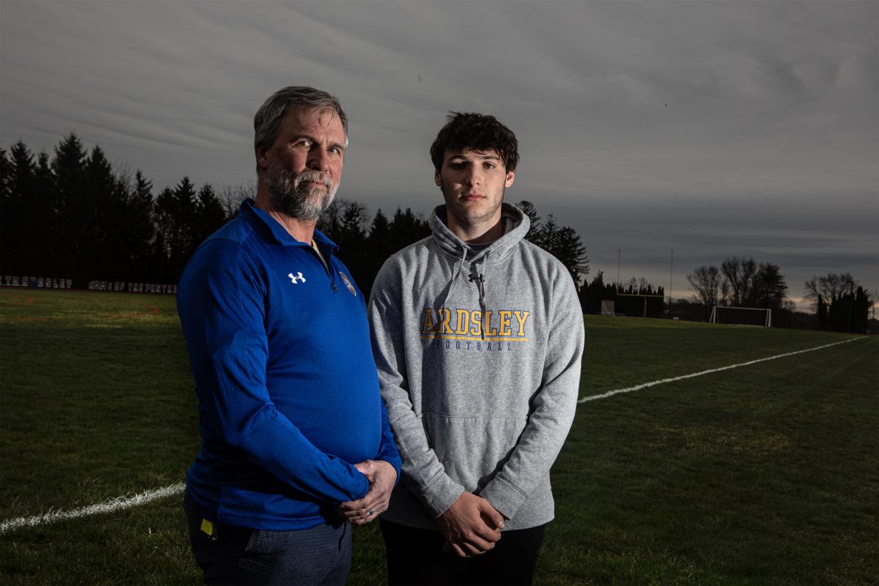Ardsley High School athletic trainer Douglas Sawyer and former football player Tyler Siden, photographed April 1, 2024. After suffering three concussions, Siden made the decision to stop playing football.
