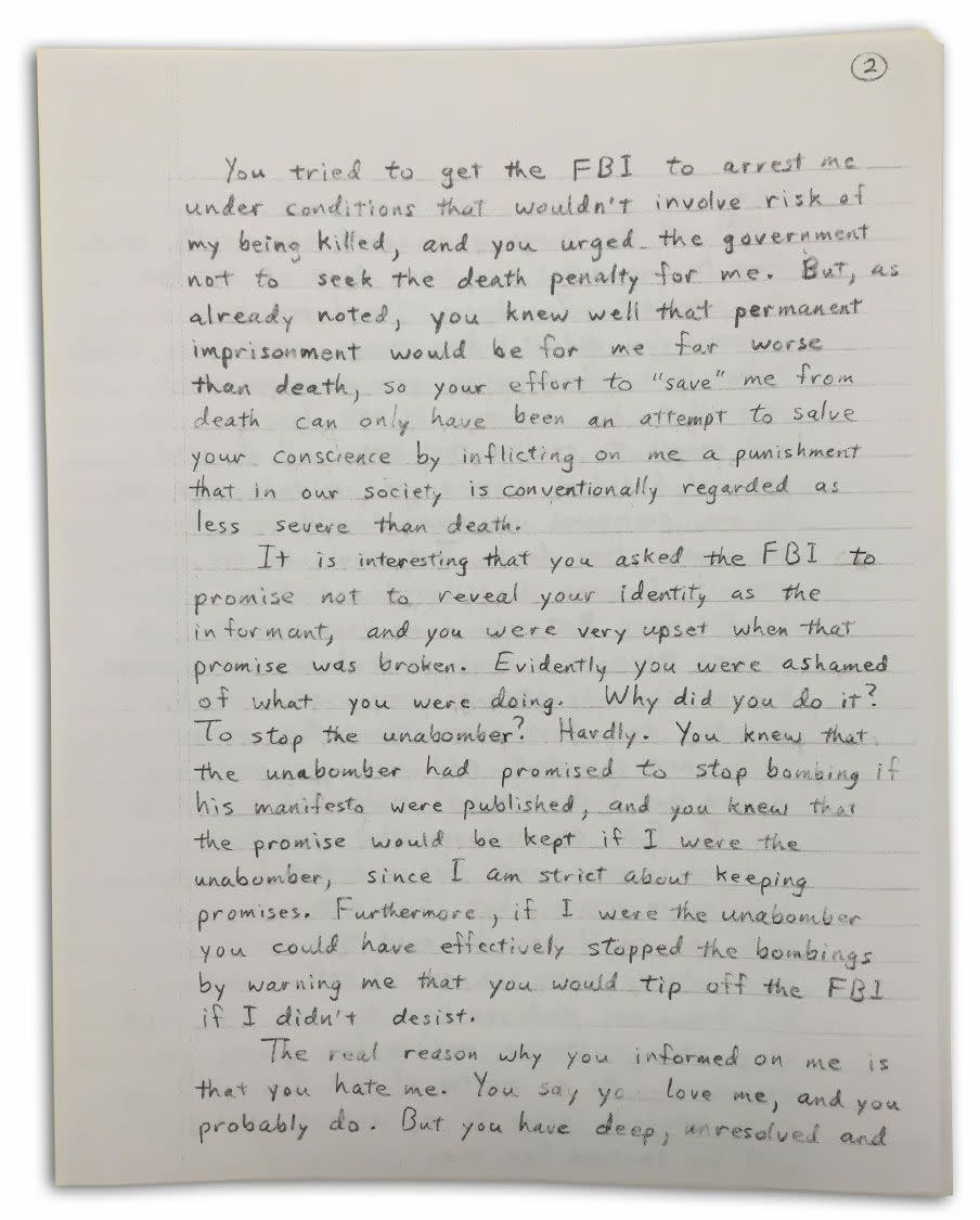 Im the second page of the letter Kaczynski tells of how his brother led the FBI to his arrest. Photo: Yahoo US