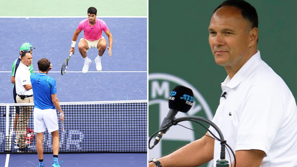 Carlos Alcaraz and Daniil Medvedev during the toss and Mohamed Lahyani during the Indian Wells final.