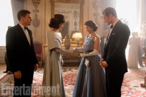 President Kennedy (Michael C. Hall) and Jackie (Jodi Balfour) meet Queen Elizabeth (Claire Foy) and Prince Philip (Matt Smith) on season 2 of <em>The Crown.</em>