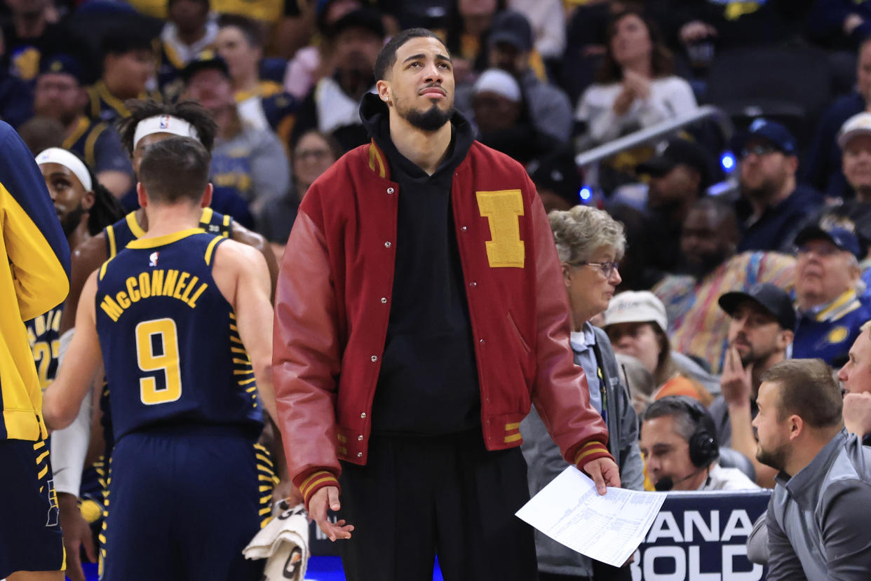 INDIANAPOLIS, INDIANA - JANUARY 10: Tyrese Haliburton #0 of the Indiana Pacers reacts in the game against the Washington Wizards at Gainbridge Fieldhouse on January 10, 2024 in Indianapolis, Indiana. NOTE TO USER: User expressly acknowledges and agrees that, by downloading and or using this photograph, User is consenting to the terms and conditions of the Getty Images License Agreement. (Photo by Justin Casterline/Getty Images)