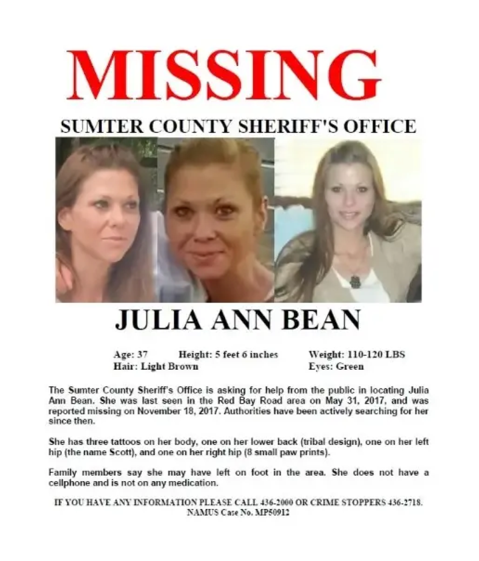 Ms Bean vanished in 2017 without her phone or her purse, her friend said (Sumter County Sheriff’s Office)