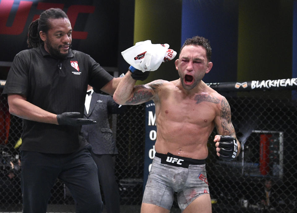 LAS VEGAS, NEVADA - AUGUST 22: Frankie Edgar reacts after his split-decision victory over Pedro Munhoz of Brazil in their bantamweight fight during the UFC Fight Night event at UFC APEX on August 22, 2020 in Las Vegas, Nevada. (Photo by Chris Unger/Zuffa LLC)