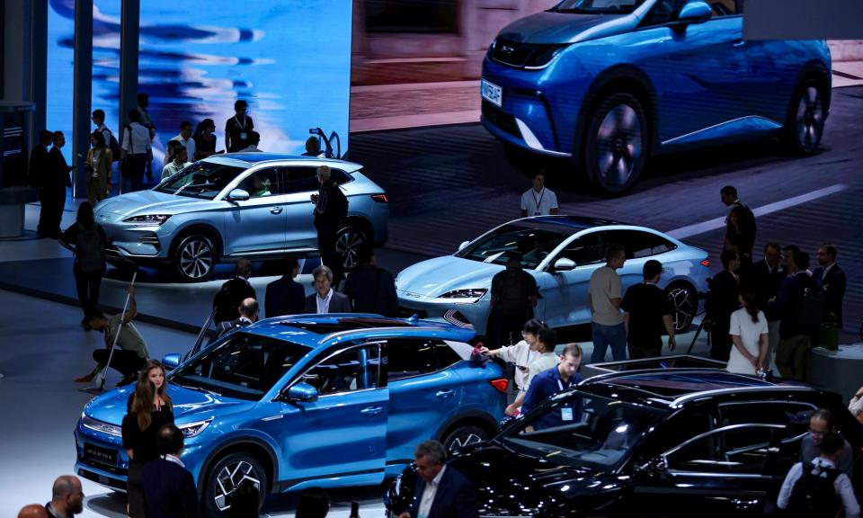 <span>BYD electric cars at the 2023 Munich auto show; the company is now making further inroads into Europe.</span><span>Photograph: Leonhard Simon/Reuters</span>