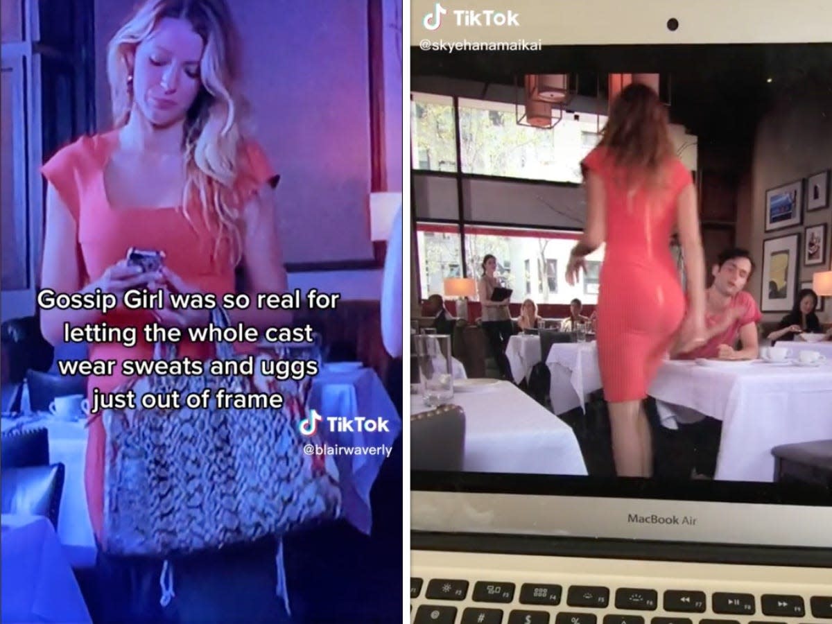 composite image of screenshots of TikToks showing a scene in Gossip Girl in which Blake Lively appears to be wearing sweatpants 