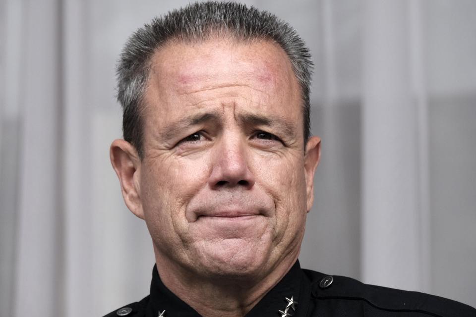 FILE - Los Angeles Police Chief Michael Moore speaks after being sworn in at the police academy on Thursday, June 28, 2018 in Los Angeles. The Los Angeles police chief announced his retirement Friday, Jan. 12, 2024 in an unexpected departure as the head of one of the nation’s largest law enforcement agencies.(AP Photo/Richard Vogel, File)