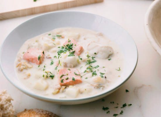 Classic New England-style chowder isn't necessarily made with only clams. This chowder includes clams, mussels, salmon, and monkfish. It also has everyone's favorite ingredient, bacon.    <strong>Get the Recipe for <a href="http://www.huffingtonpost.com/2011/10/27/fish-and-shellfish-chowde_n_1058388.html" target="_hplink">Fish-and-Shellfish Chowder</a></strong>