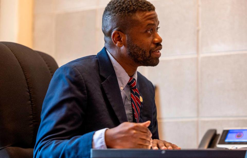 State Rep. Cecil Brockman, who represents High Point and is serving his fifth term in the House, answers questions during a News & Observer interview at the North Carolina State Legislative Building on Friday, April 26, 2024.