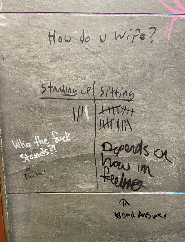 Graffiti on a wall discussing the topic of wiping, with a tally between standing and sitting positions, and comments questioning standing and saying it depends on the mood