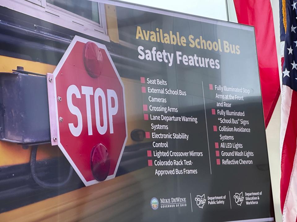 A list of school bus safety features recommended by a task force that Republican Gov. Mike DeWine convened after a deadly August 2023 crash is displayed at the Ohio Department of Public Safety in Columbus, Ohio, Wednesday, Jan. 31, 2024. (AP Photo/Julie Carr Smyth)