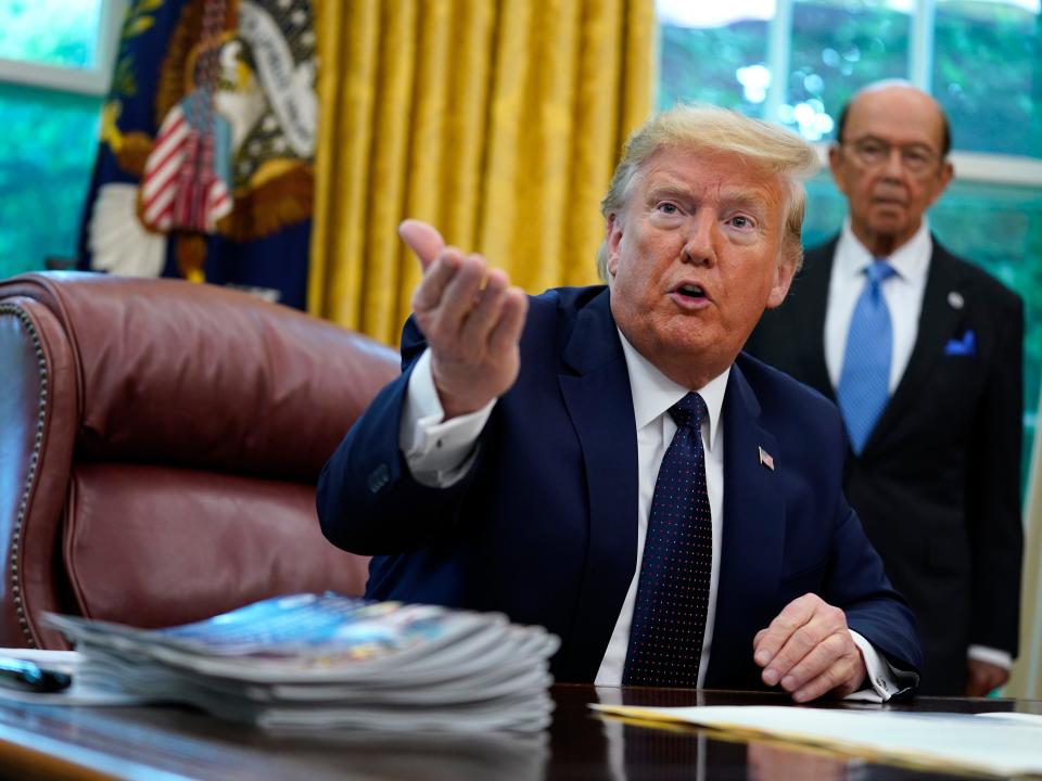 President Donald Trump speaks as he receives a briefing on the 2020 hurricane season in the Oval Office of the White House, Thursday, May 28, 2020, in Washington. (AP Photo/Evan Vucci)