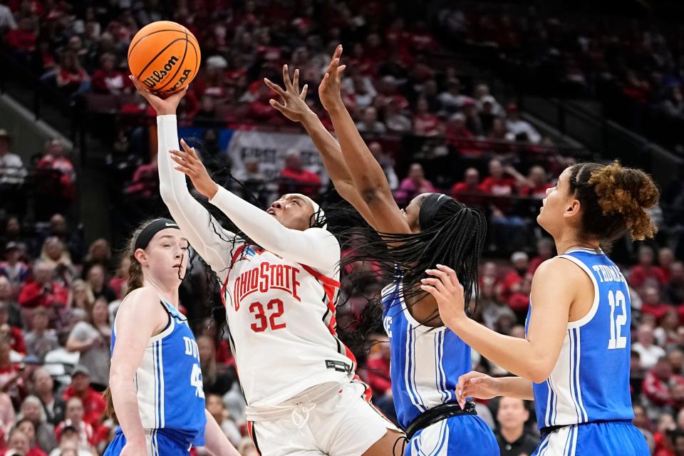 Ohio State forward Cotie McMahon cuts to the basket in front of Duke guard Oluchi Okananwa on Sunday.