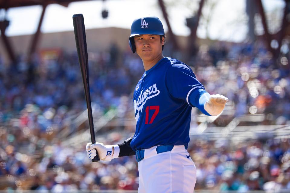 Dodgers designated hitter Shohei Ohtani against the Seattle Mariners during a spring training game at Camelback Ranch.