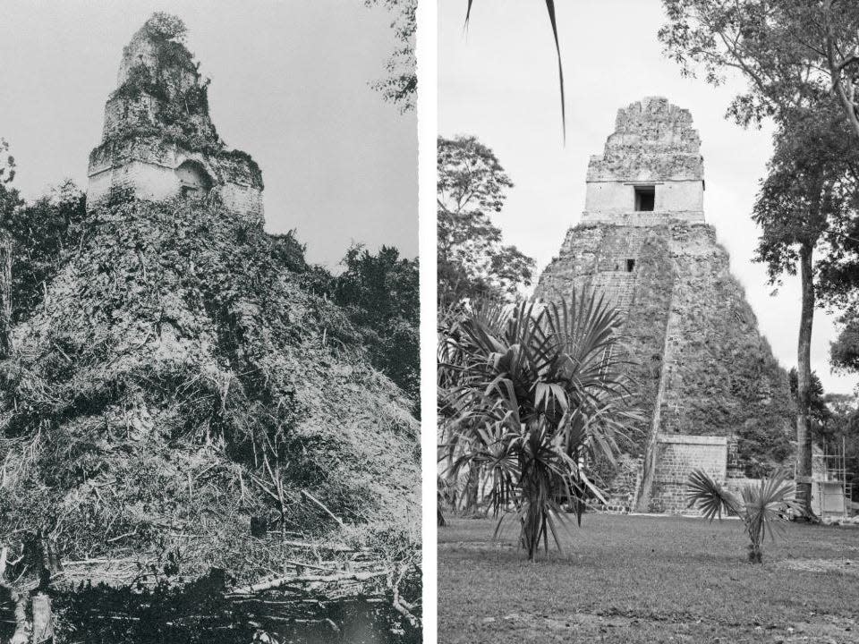 Two photos of a temple in Tikal, Guatamala, before and after excavation.