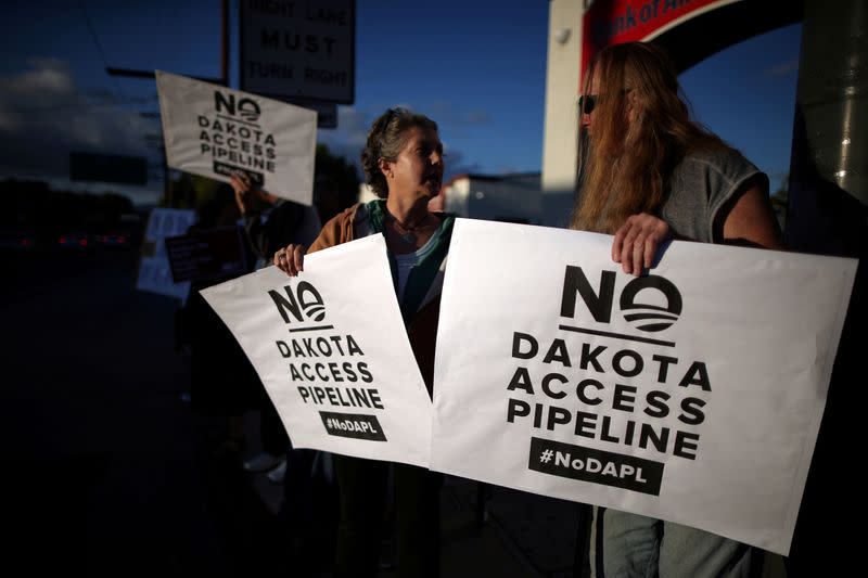 FILE PHOTO: Protesters demonstrate against the Energy Transfer Partners' Dakota Access oil pipeline near the Standing Rock Sioux reservation, in Los Angeles