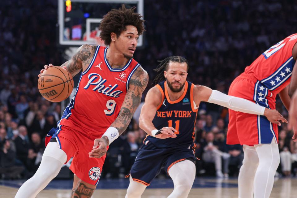Apr 22, 2024; New York, New York, USA; Philadelphia 76ers guard Kelly Oubre Jr. (9) dribbles against New York Knicks guard Jalen Brunson (11) during the first half during game two of the first round for the 2024 NBA playoffs at Madison Square Garden. Mandatory Credit: Vincent Carchietta-USA TODAY Sports
