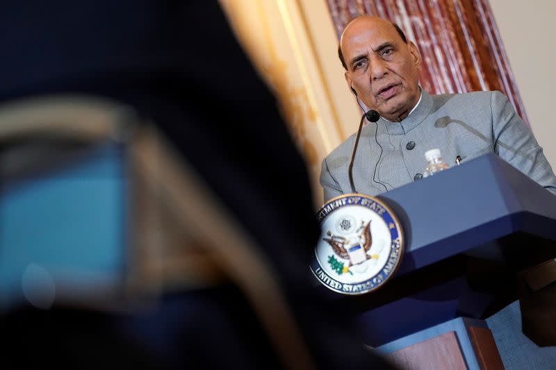 Indian Minister of Defense Shri Rajnath Singh speaks to the media after the 2019 U.S.-India 2+2 Ministerial Dialogue at the State Department in Washington