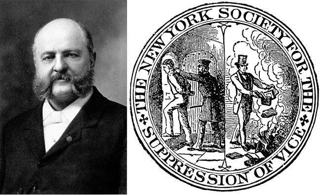 A la izquierda, fotografía de Anthony Comstock y a la derecha el emblema de la Sociedad de Nueva York para la Supresión del Vicio (imágenes vía Wikimedia commons)
