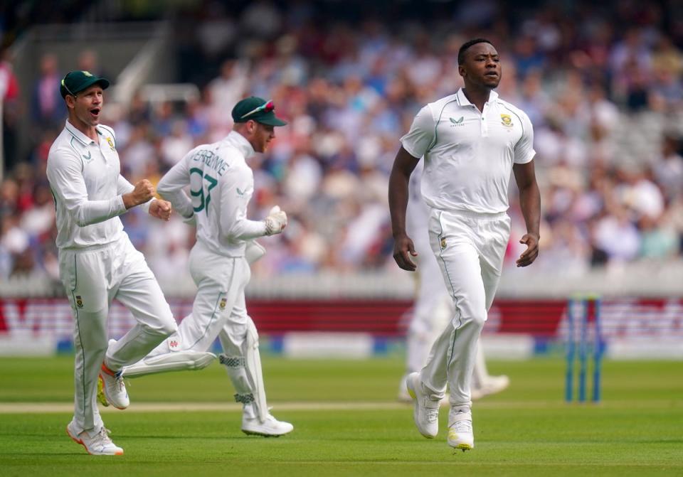 South Africa’s Kagiso Rabada celebrates the wicket of England’s Alex Lees (Adam Davy/PA) (PA Wire)