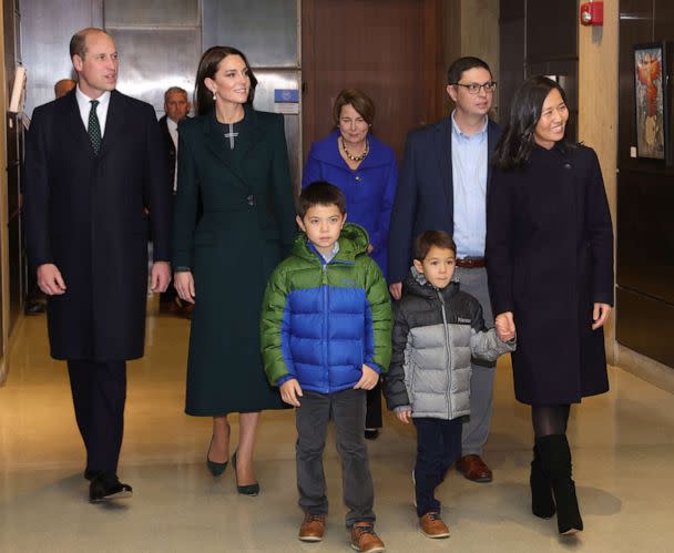 PHOTO: Prince William, Prince of Wales and Catherine, Princess of Wales pose with Mayor Michelle Wu and Conor Pewarski to kick off Earthshot celebrations by lighting up Boston at Speaker's Corner by City Hall on Nov. 30, 2022, in Boston. (Chris Jackson/Getty Images)