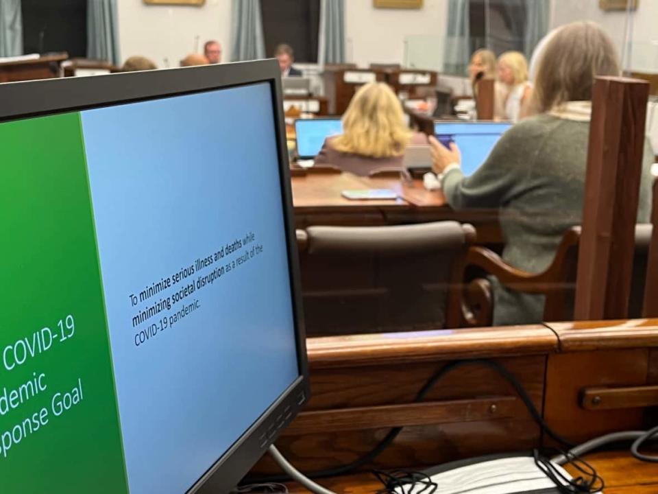 A scene from inside the room where P.E.I.'s standing committee on health was hearing from Dr. Heather Morrison and other public health officials on Wednesday. (Kerry Campbell/CBC - image credit)