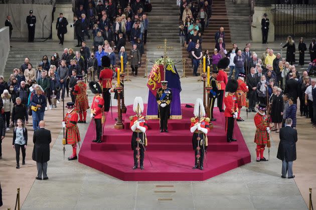 King Charles III, the Princess Royal, the Duke of York and the Earl of Wessex hold a vigil beside the coffin of their mother, Queen Elizabeth II, as it lies in state on the catafalque in Westminster Hall. (Photo: Yui Mok via PA Wire/PA Images)