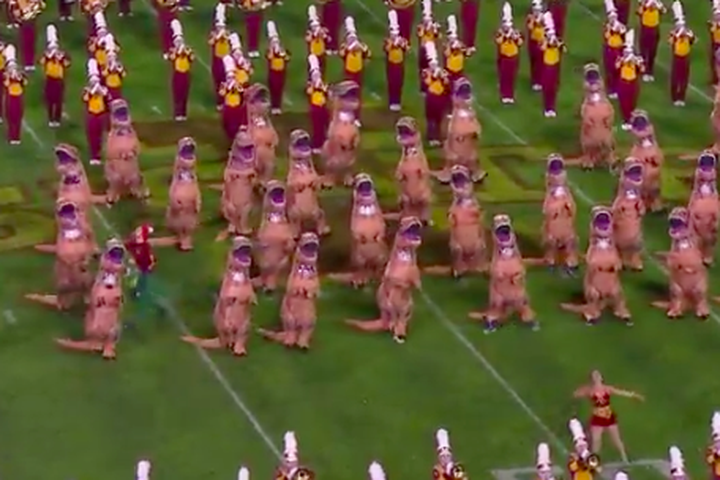 Iowa State’s marching band unveiled an epic dinosaur-themed halftime show over the weekend. (via screenshot)