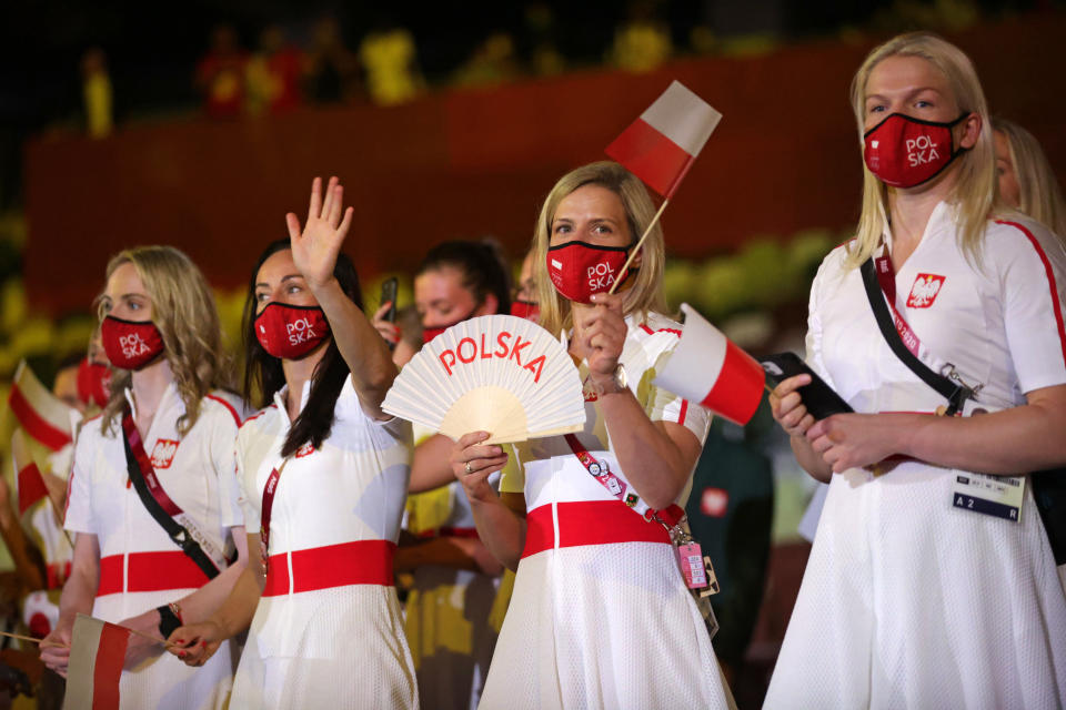 <p>TOKYO, JAPAN - JULY 23: Athletes from Team Poland enter during the Opening Ceremony of the Tokyo 2020 Olympic Games at Olympic Stadium on July 23, 2021 in Tokyo, Japan. (Photo by Hannah McKay - Pool/Getty Images)</p> 