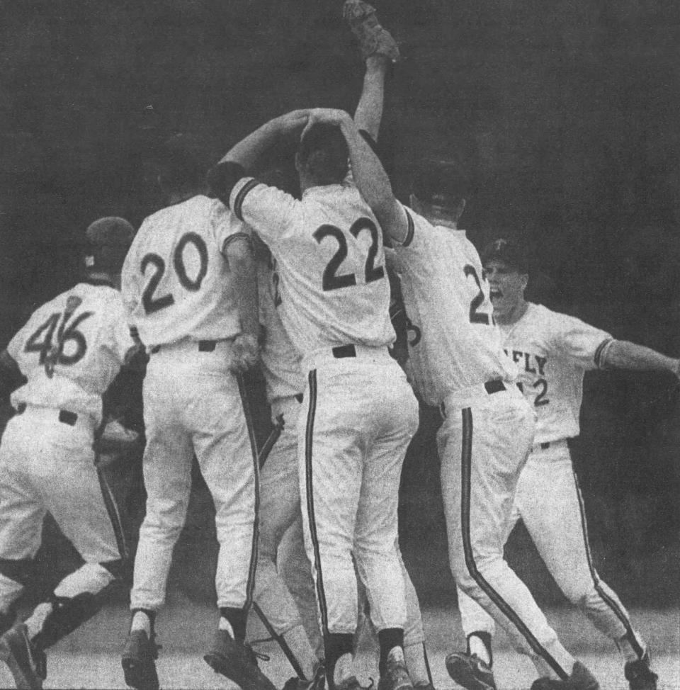 The celebration begins for the Tenafly baseball team, which captured its first Bergen County championship Sunday. AL HOGUE/STAFF PHOTOGRAPHER -- Originally published in Monday, June 6, 1994 edition of The Record, page S-12