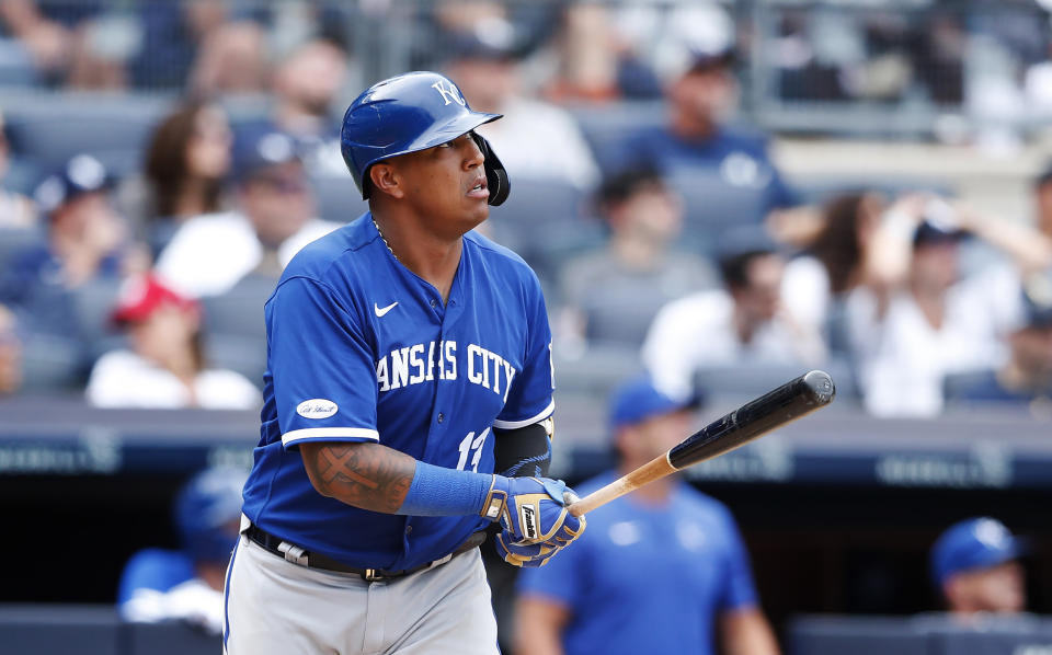 Kansas City Royals' Salvador Perez (13) watches his home run go into the stands during the ninth inning of a baseball game against the New York Yankees, Sunday, July 31, 2022, in New York. (AP Photo/Noah K. Murray)