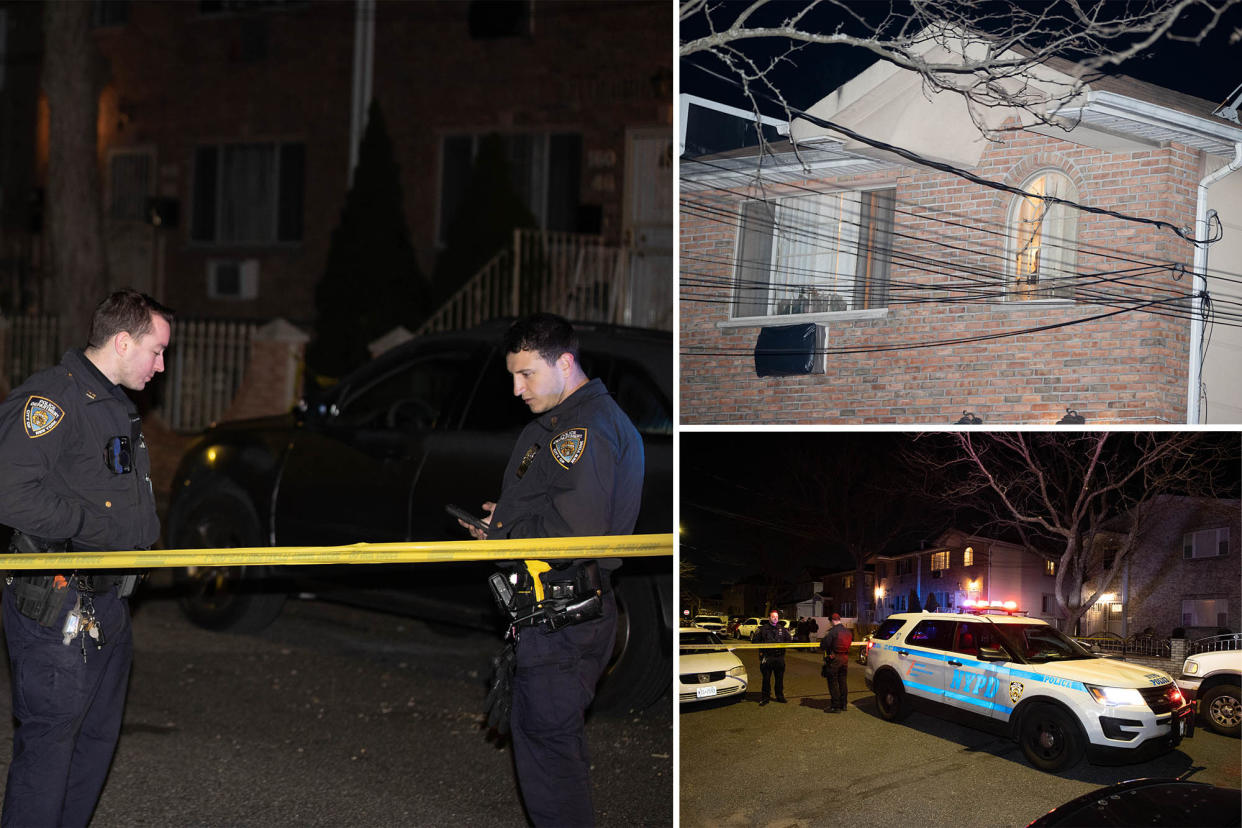 A composite photo of police probing a shooting murder in Jamaica, Queens; a shot of the residence; and a shot of police cars at the scene.