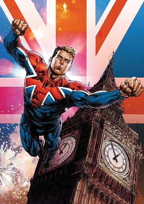 Brian Braddock as Captain Britain as he appeared as an agent of MI13. He sports his Union Jack costume, with no mask. He is flying through the air, his arms outstretched. Big Ben is in the background and behind that, a giant UK flag.