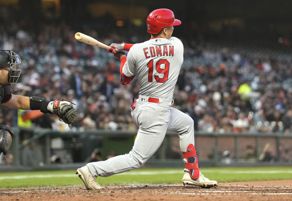 Tommy Edman #19 of the St. Louis Cardinals is delivering fantasy production