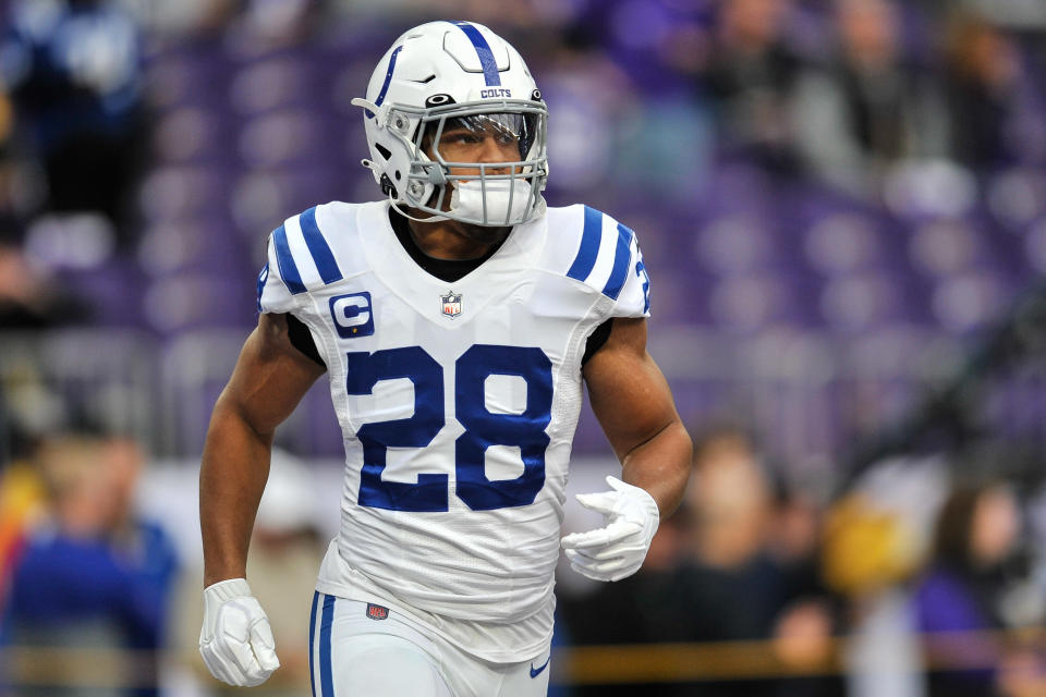 Dec 17, 2022; Minneapolis, Minnesota, USA; Indianapolis Colts running back Jonathan Taylor (28) warms up before the game against the <a class="link " href="https://sports.yahoo.com/nfl/teams/minnesota/" data-i13n="sec:content-canvas;subsec:anchor_text;elm:context_link" data-ylk="slk:Minnesota Vikings;sec:content-canvas;subsec:anchor_text;elm:context_link;itc:0">Minnesota Vikings</a> at U.S. Bank Stadium. Mandatory Credit: Jeffrey Becker-USA TODAY Sports