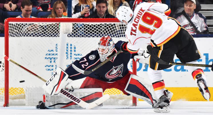 Matthew Tkachuk is fifth in NHL rookie scoring with 10 goals and 34 points. (Jamie Sabau/Getty Images)