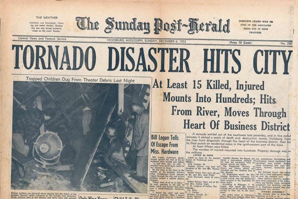 The front page of the Vicksburg Evening Post's Sunday Post-Herald edition chronicling the tornado that hit the day before. The Vicksburg Post later won a Pulitzer Prize for its reporting.