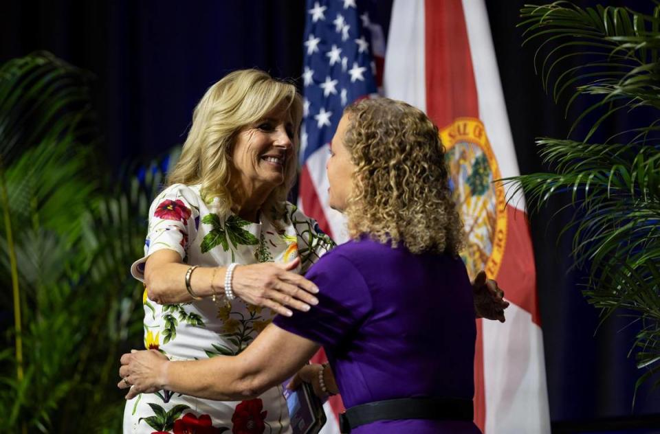 First lady Jill Biden, left, hugs U.S. Rep. Debbie Wasserman Schultz, D-Broward, during the Cancer Survivorship Summit at Nova Southeastern University on Monday, Oct. 16, 2023, in Davie, Fla.